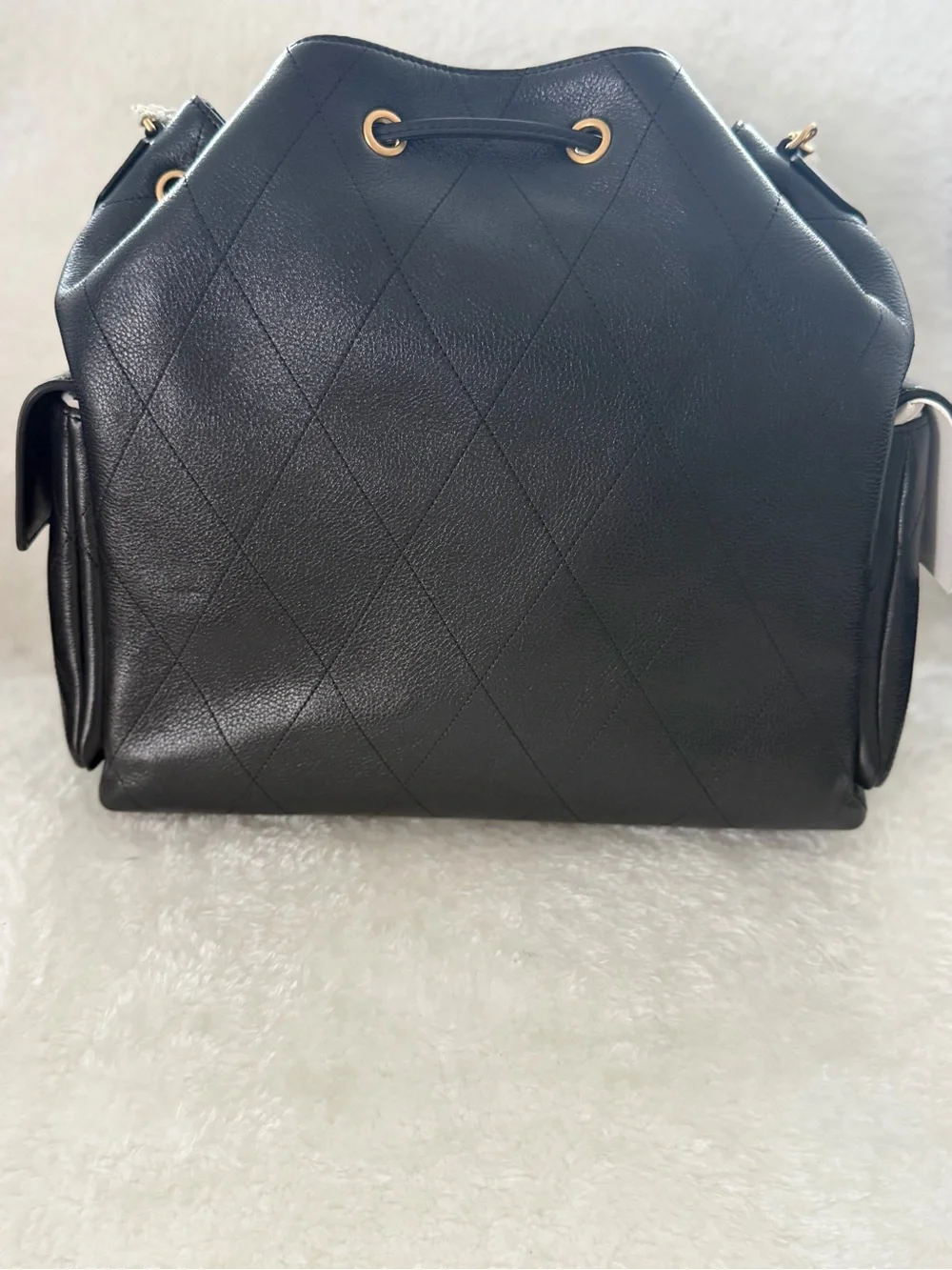 Tory Burch Black Leather Drawstring Shoulder Bag with Gold Hardware